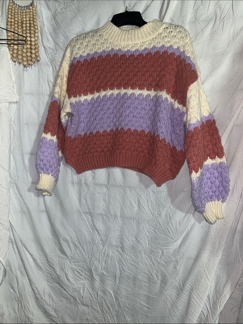 Cozy Striped Chunky Knit Sweater - Cream, Rust & Lavender XS GUC